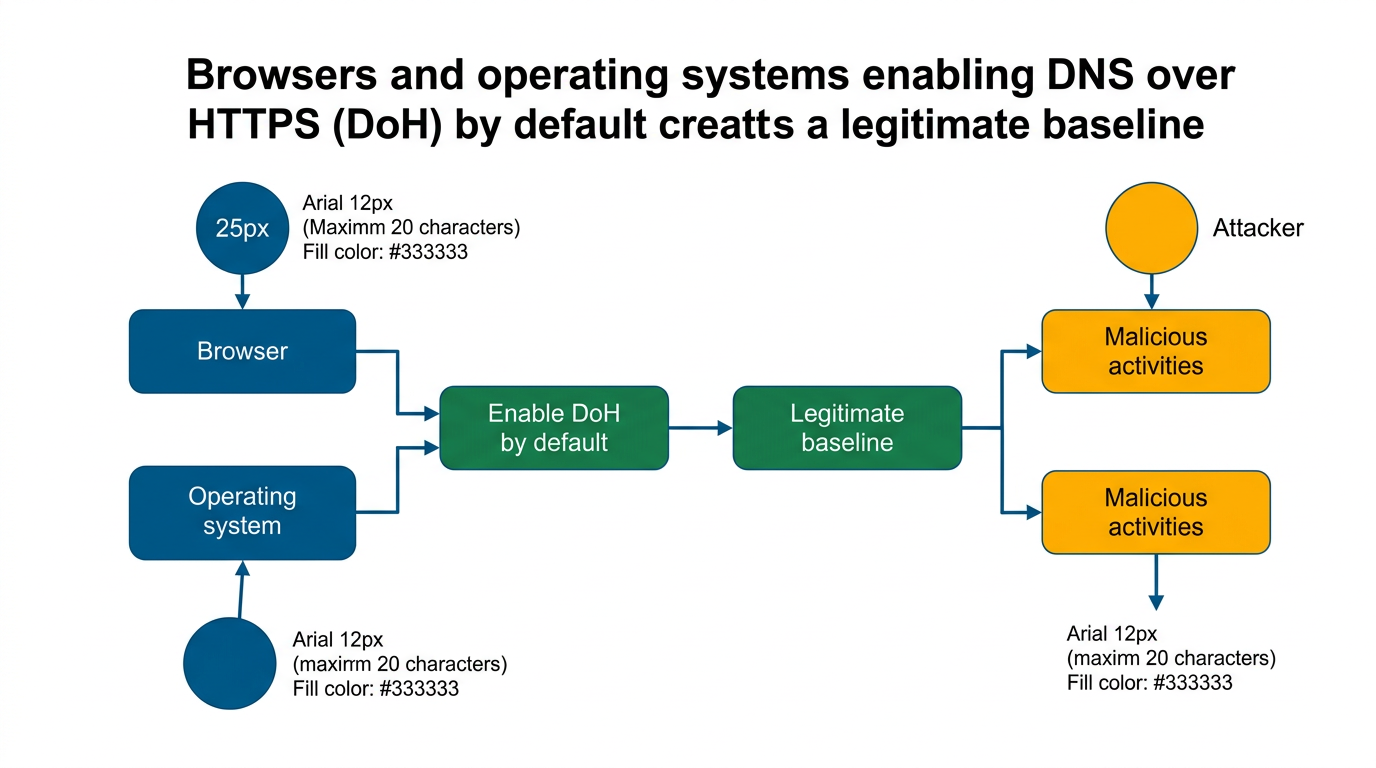 Diagramma: Browser e OS abilitano DoH di default, creando un baseline legittimo