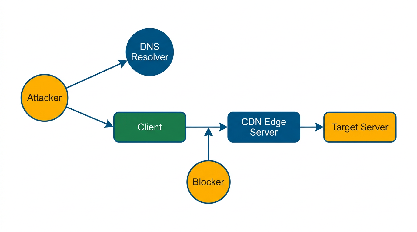 Diagramma: Domain fronting su CDN rende il blocco IP impossibile